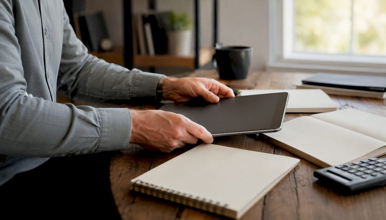 Hands organizing tax documents on desk