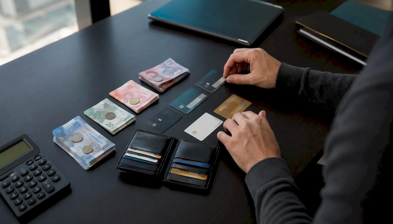 Hands separating personal and business bank items