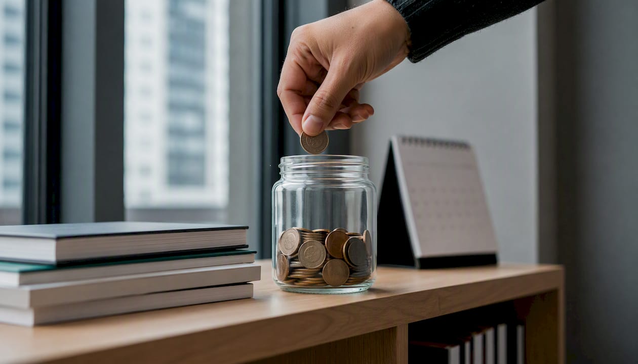 Hands placing cash into tax reserve jar