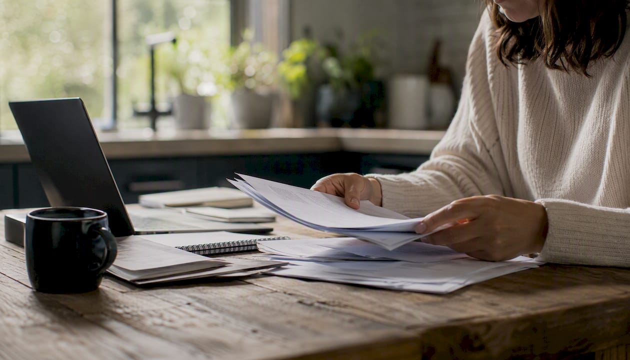 Hands organizing bookkeeping records on desk