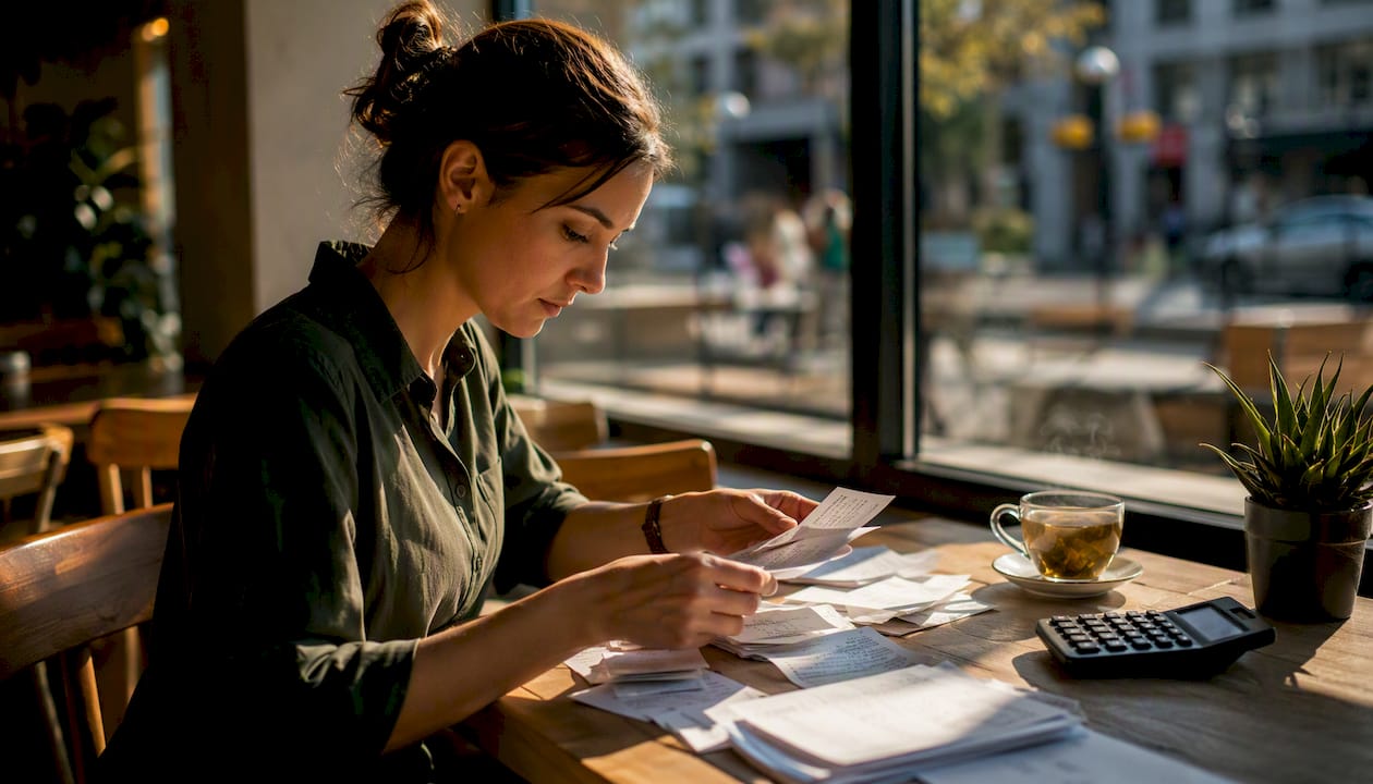 Hands sorting digital receipts on desk