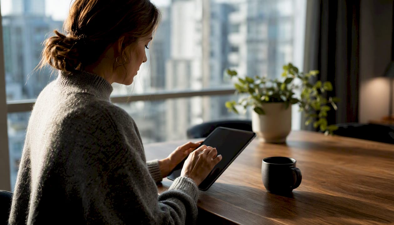 Hands inputting tax data on tablet