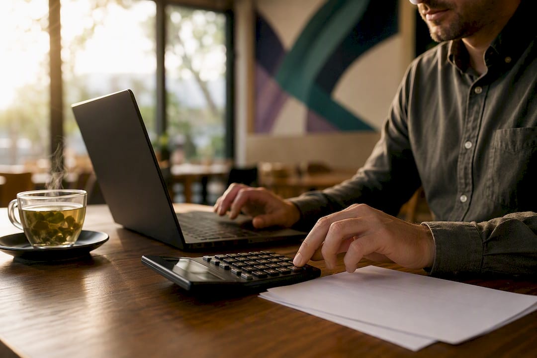 Hands calculating payroll costs with calculator