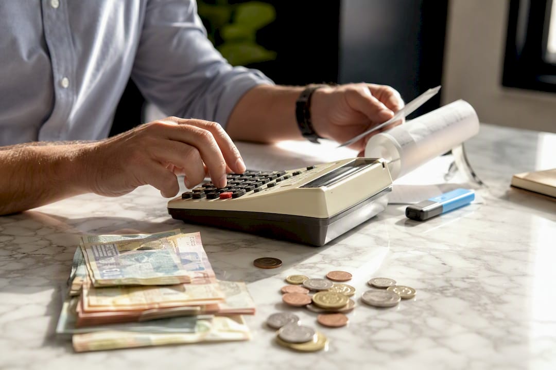 Hands calculating payroll with cash and calculator