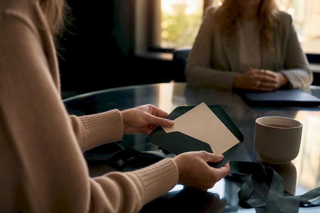 Hands wrapping gift voucher on office desk