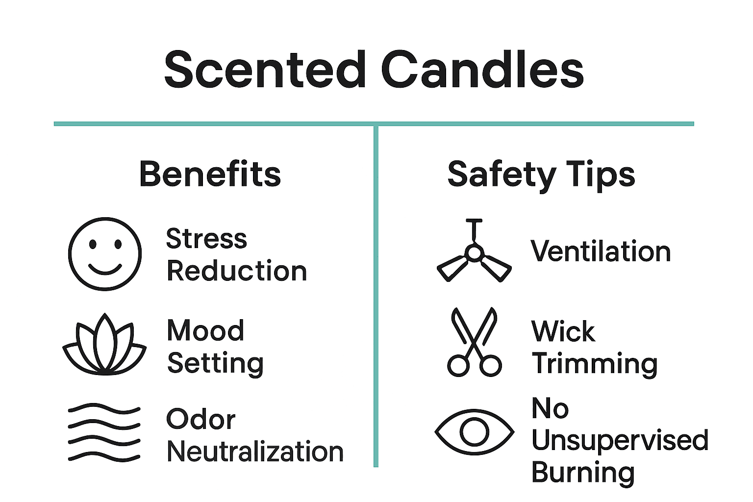 Infographic comparing scented candle benefits and safety tips with icons and short text.