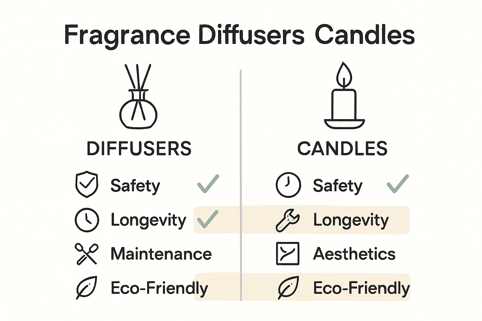 Comparison infographic of fragrance diffusers and candles with icons for safety, longevity, and environmental impact.