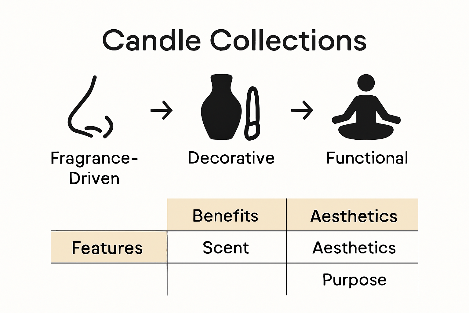 Infographic comparing fragrance-driven, decorative, and functional candle collections by style and use.