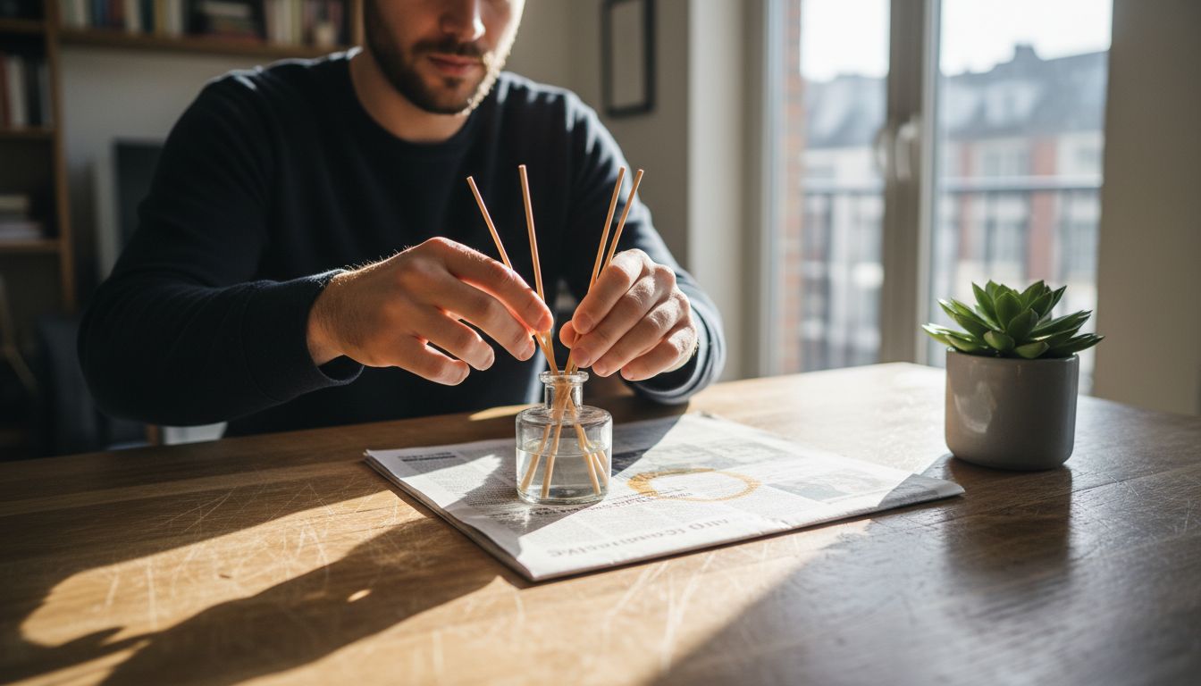 Man assembling reed diffuser kit at table