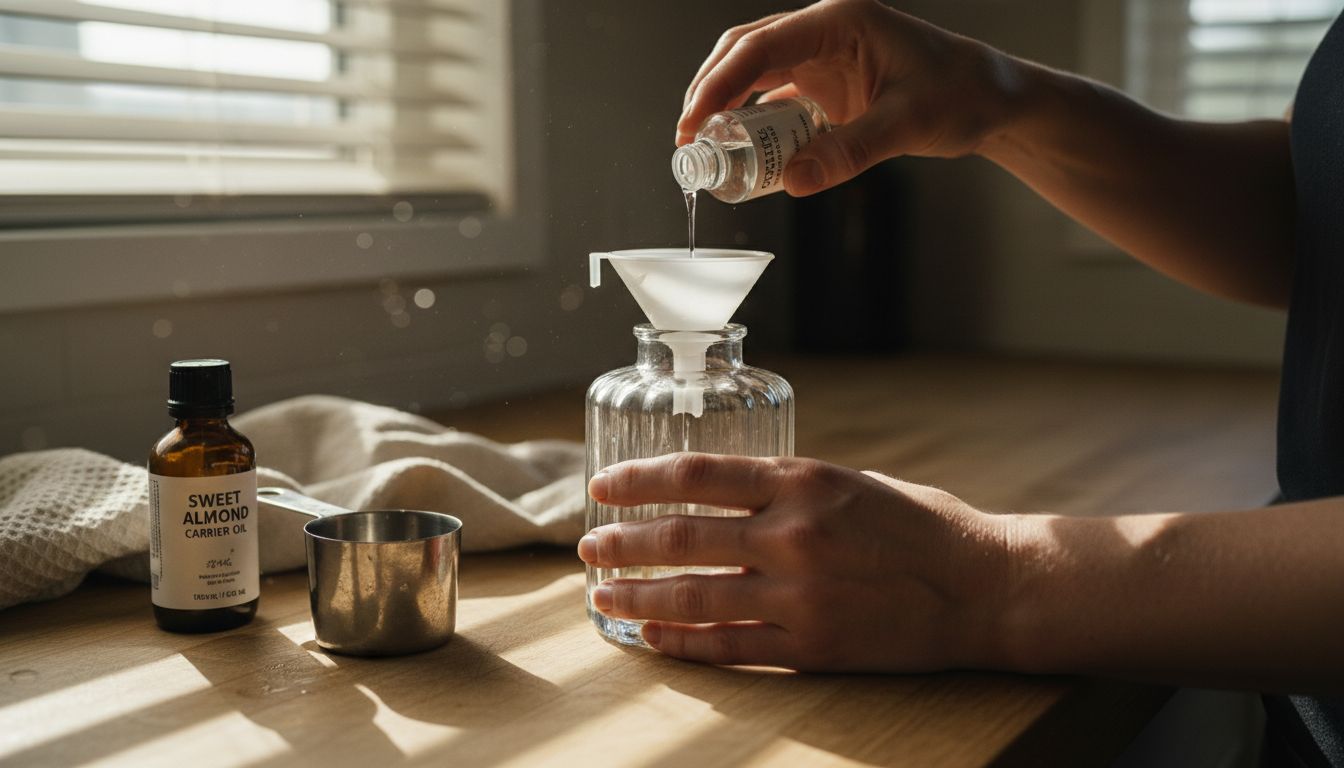 Hands pouring oil into glass diffuser