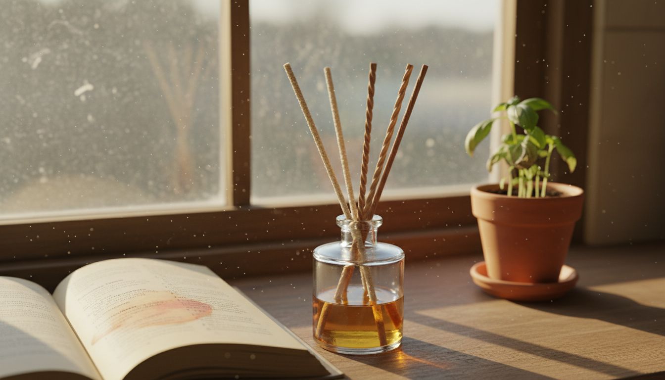 Close-up of fiber and rattan reeds in diffuser