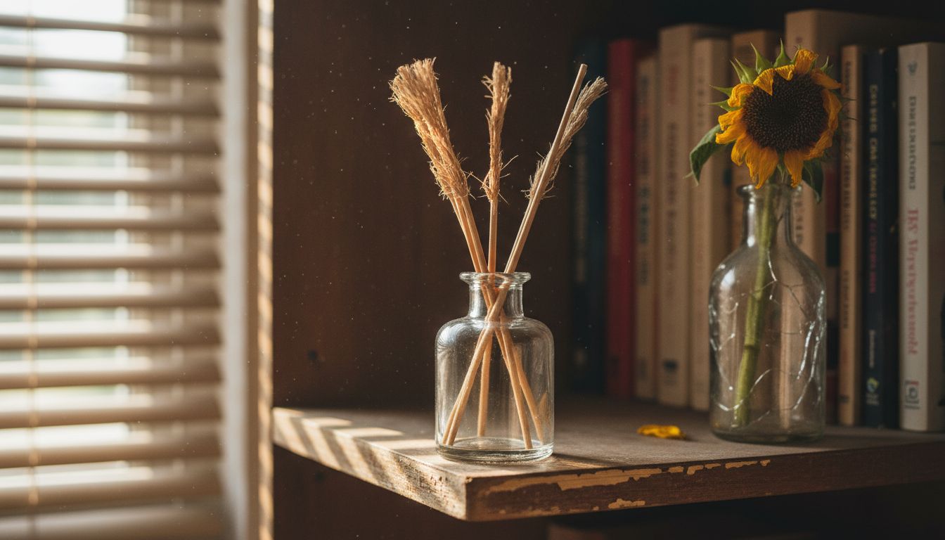 Detail of rattan reed diffuser among books