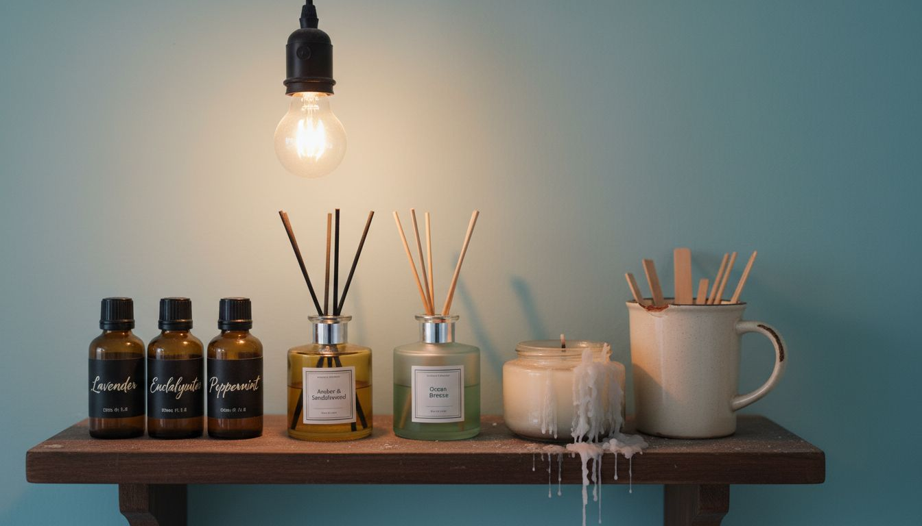 Assorted home fragrance items on kitchen shelf