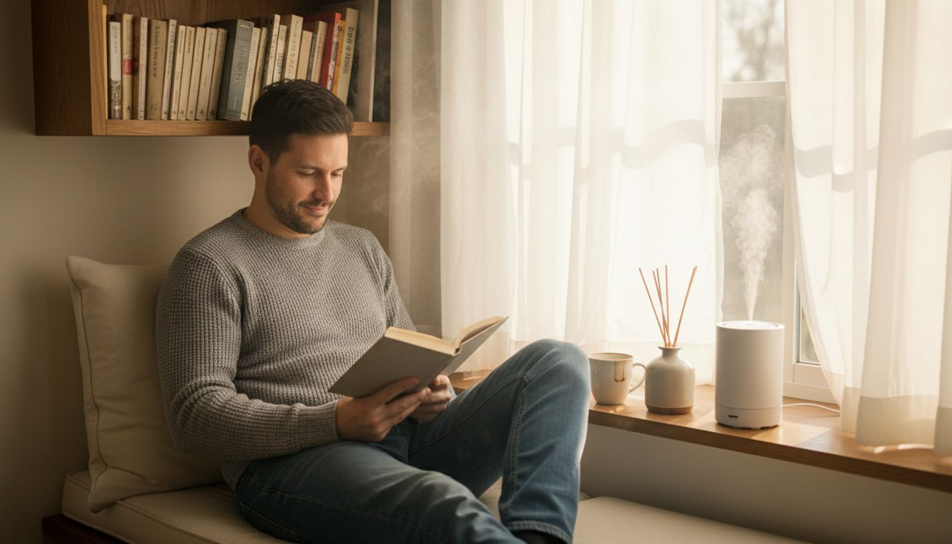 Man reading near scented diffusers