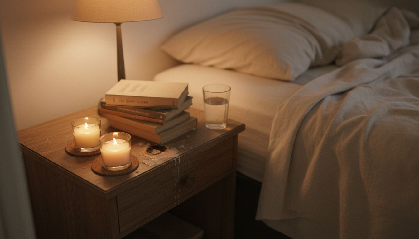 Candles styled on cluttered bedside nightstand