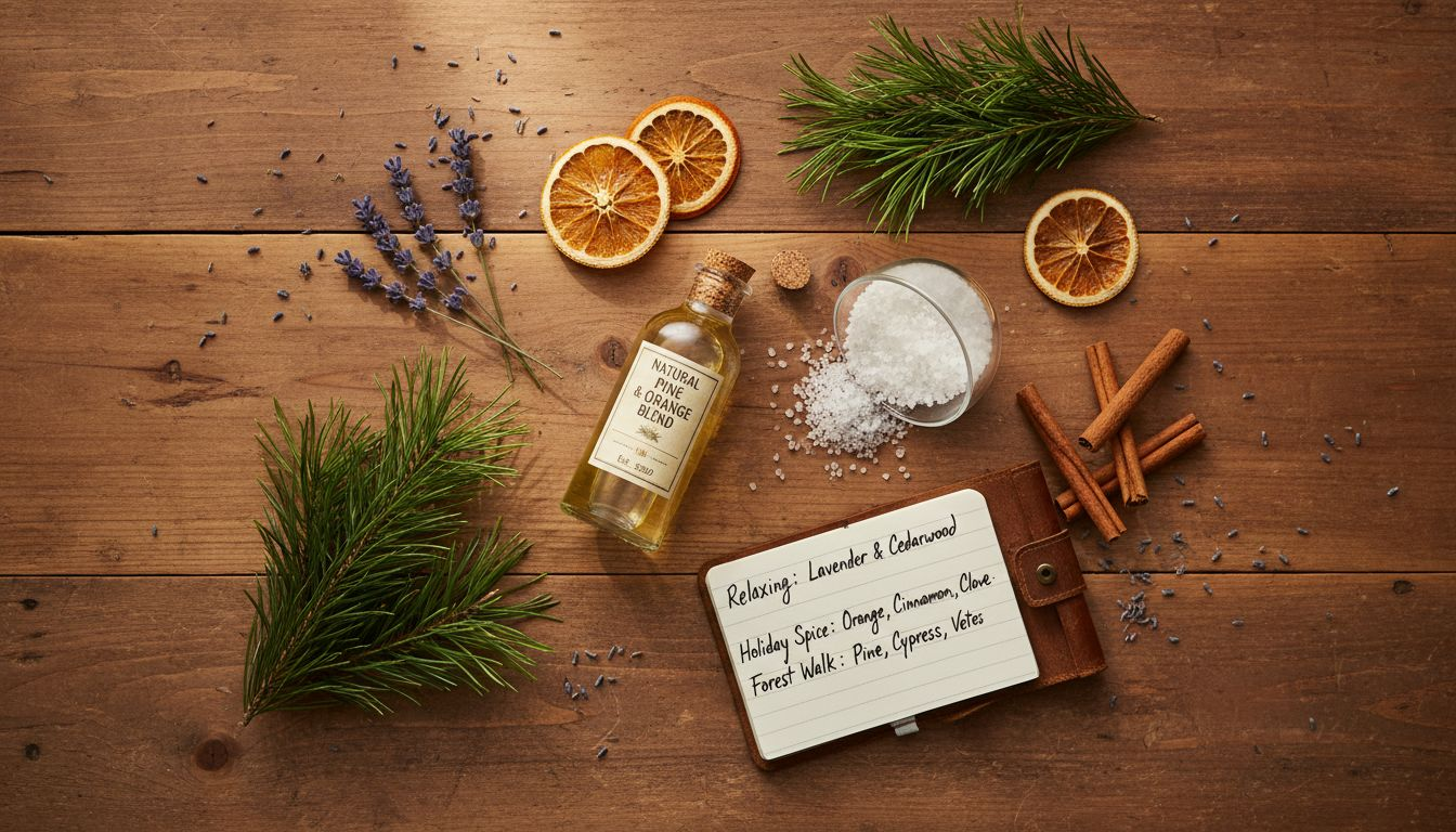 Seasonal fragrance ingredients flatlay scene