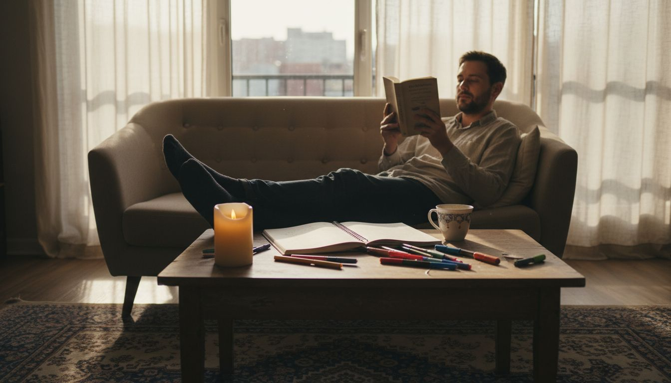 Man relaxing near lit candle at home