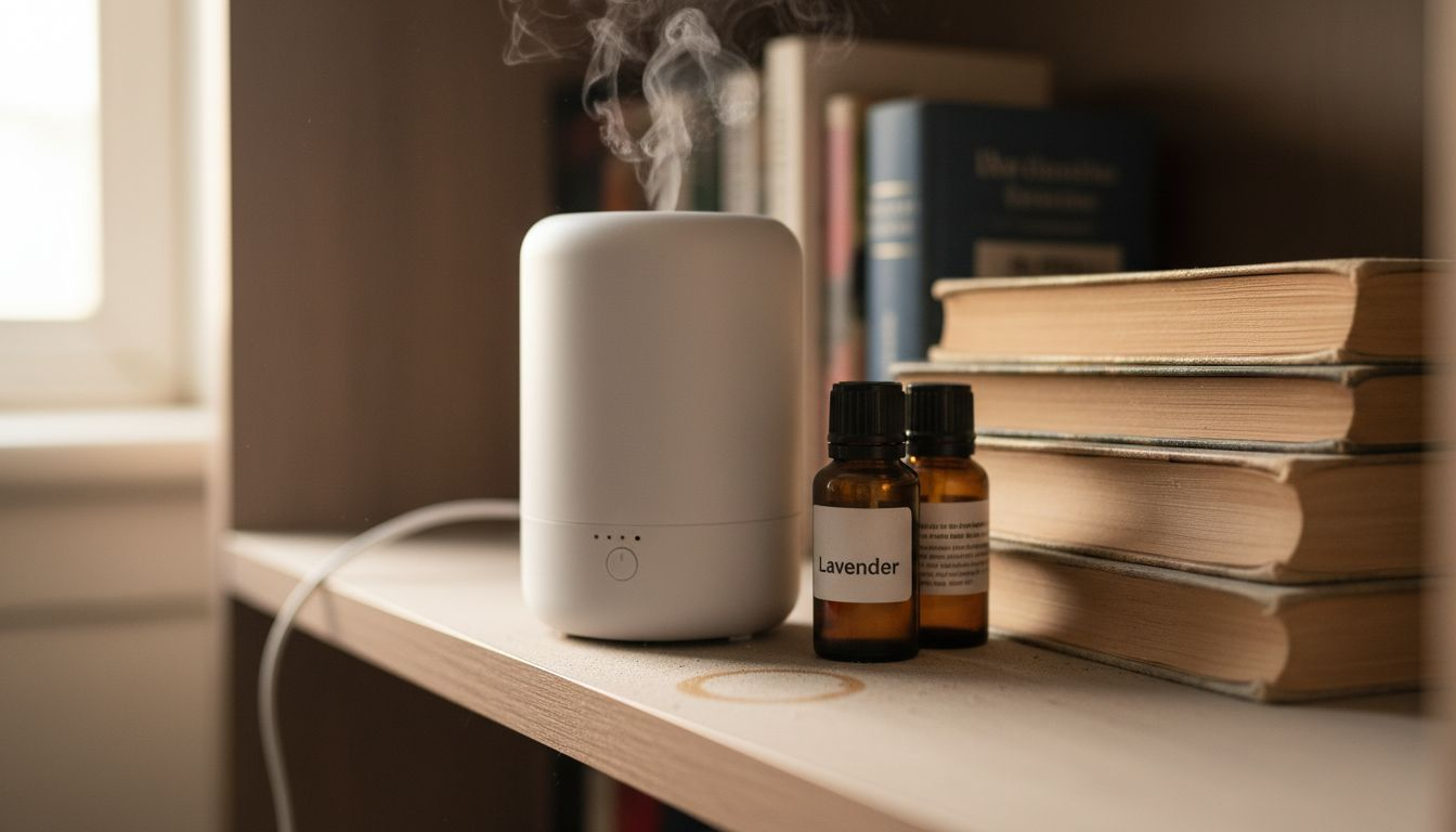 Ultrasonic diffuser and essential oils on shelf