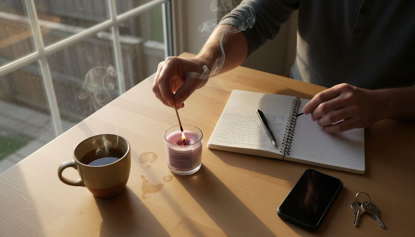 Man starting candle routine for relaxation