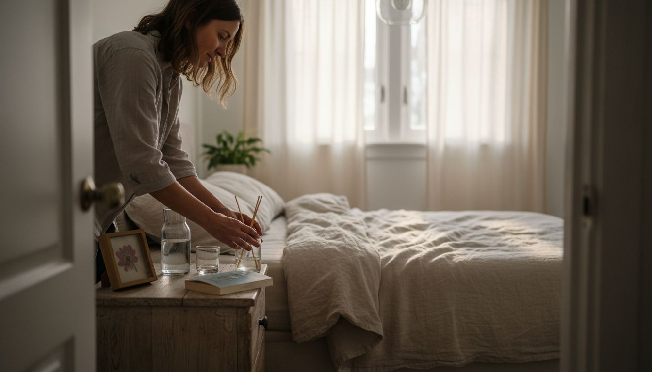 Woman placing diffuser on bedroom table