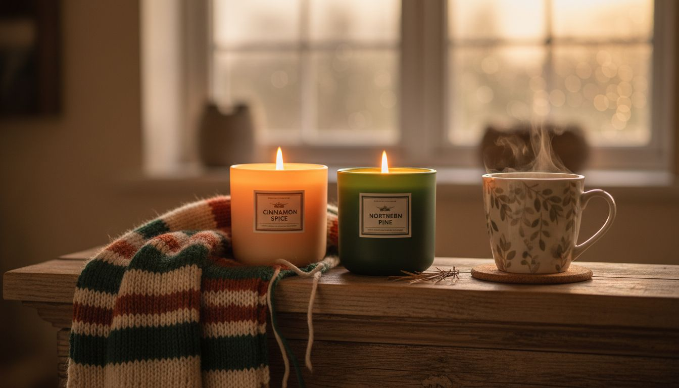 Candles and mug on wooden mantel in autumn