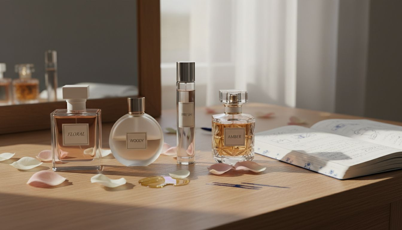 Assorted perfume bottles representing fragrance families