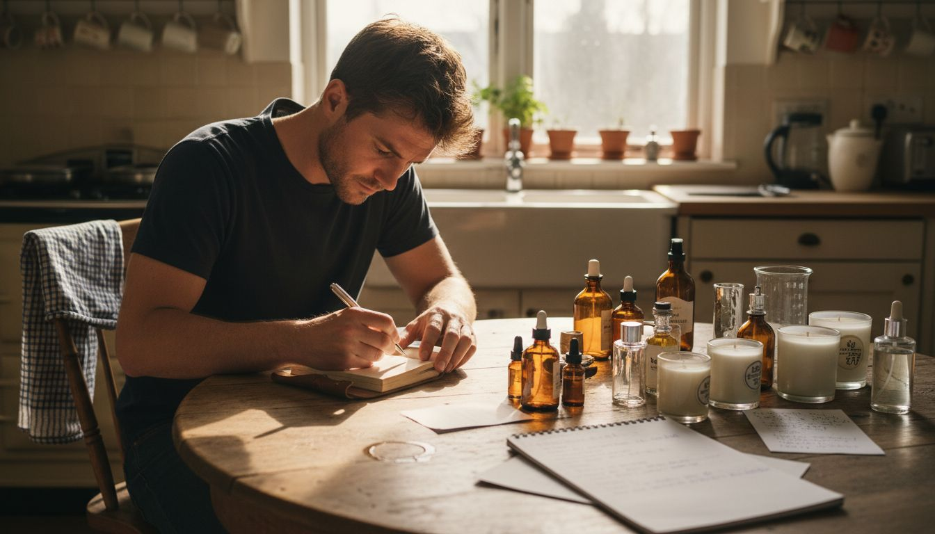 Man experimenting with scent blends at table