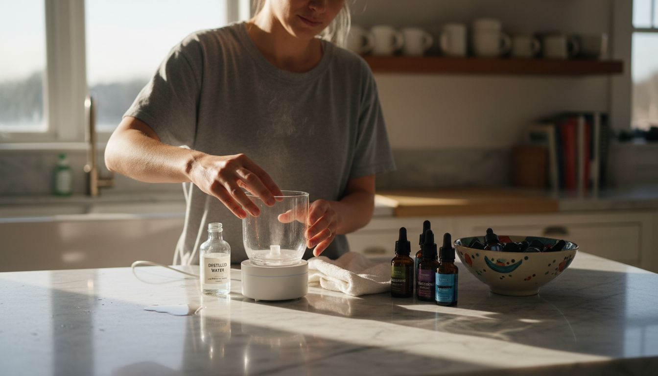 Woman preparing diffuser with essential oils