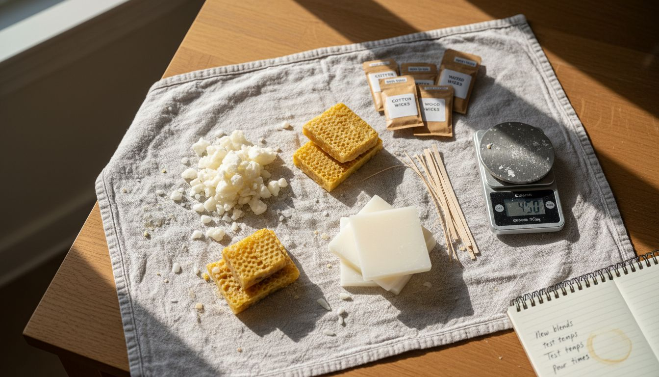 Candle wax blocks and wicks on table