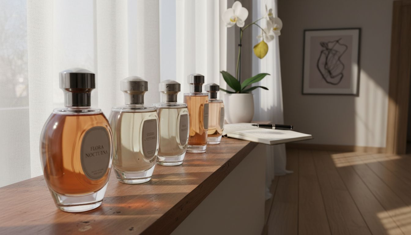 Luxury fragrance bottles on wooden shelf