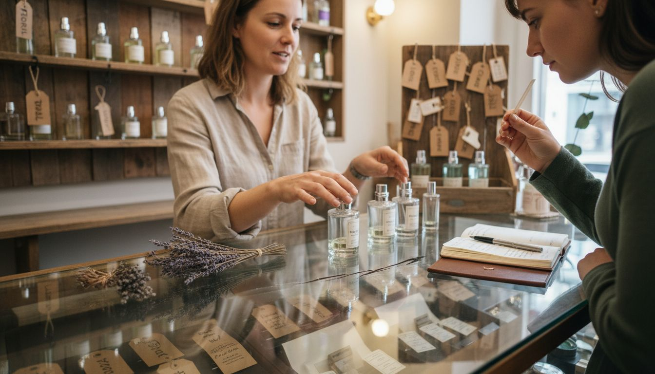 Shop assistant displays fragrance types for customer