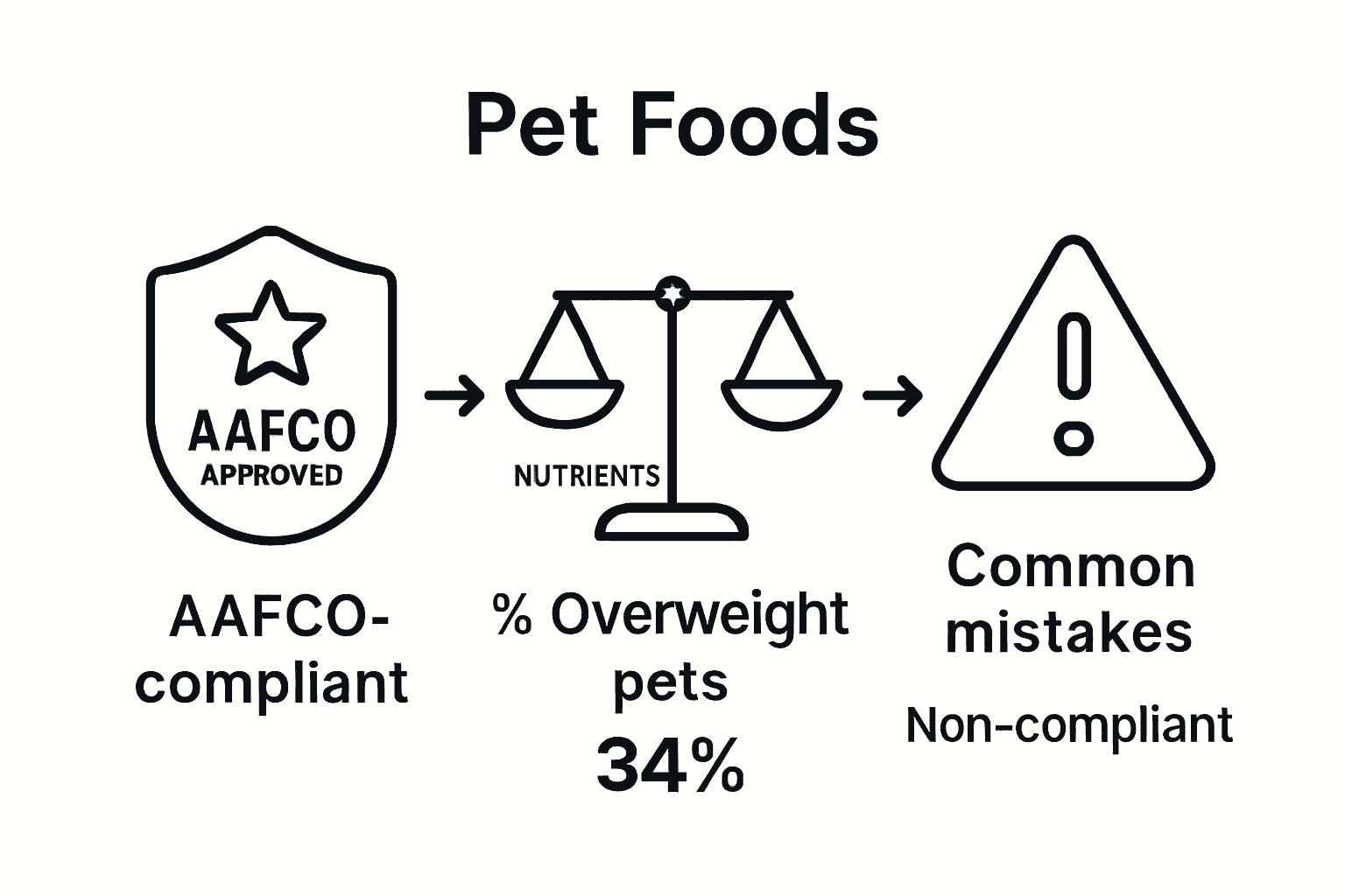 Infographic comparing AAFCO-compliant and non-compliant pet foods with icons and data.