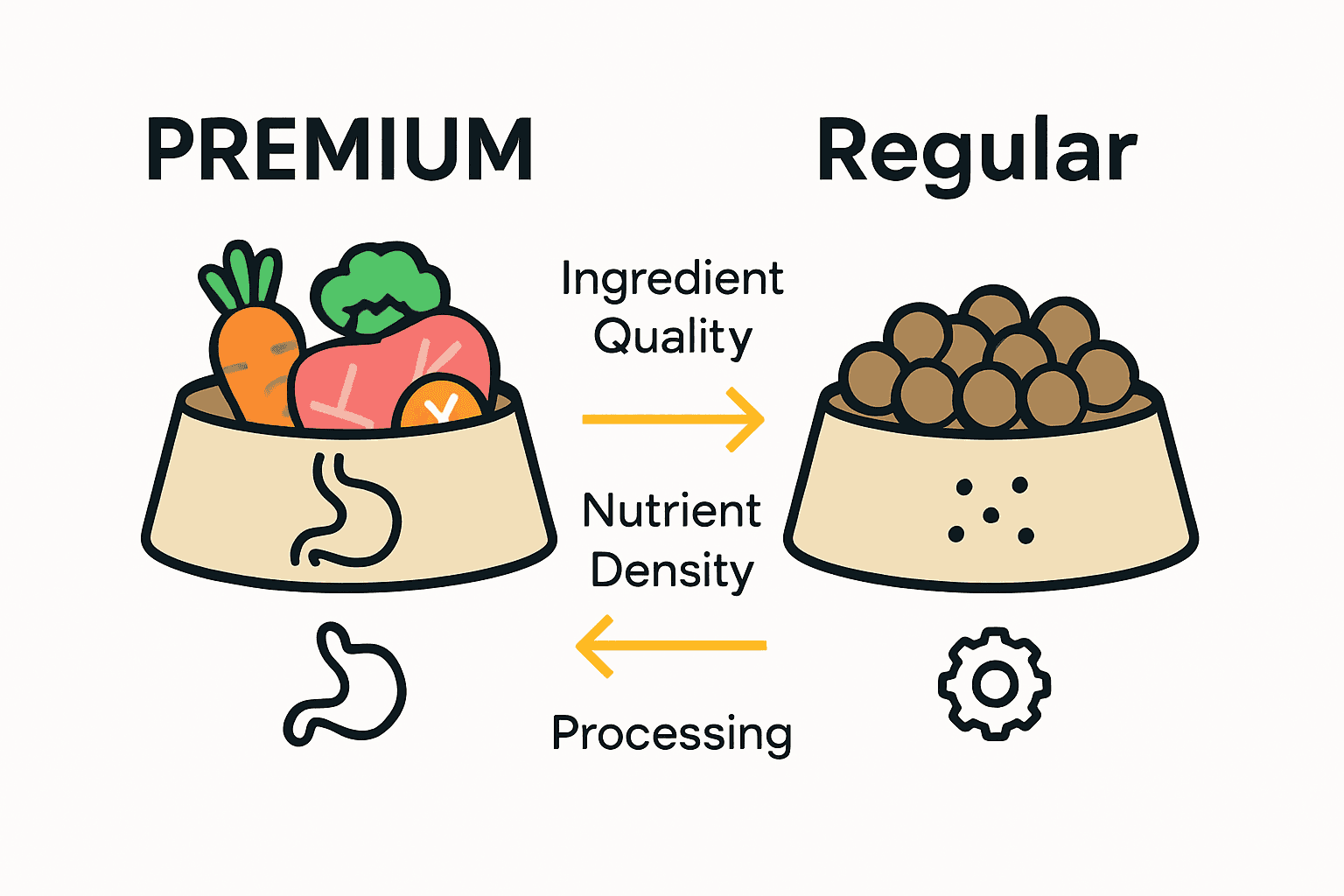 Comparison of premium vs regular dog food ingredients and processing methods