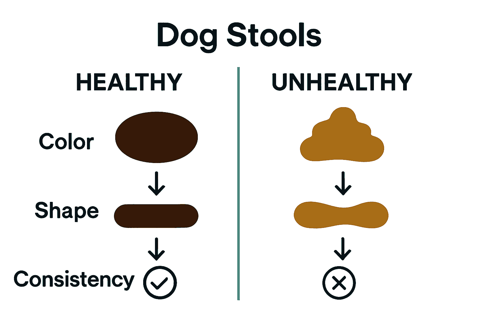 Infographic showing healthy versus unhealthy dog stool indicators with icons and labels.