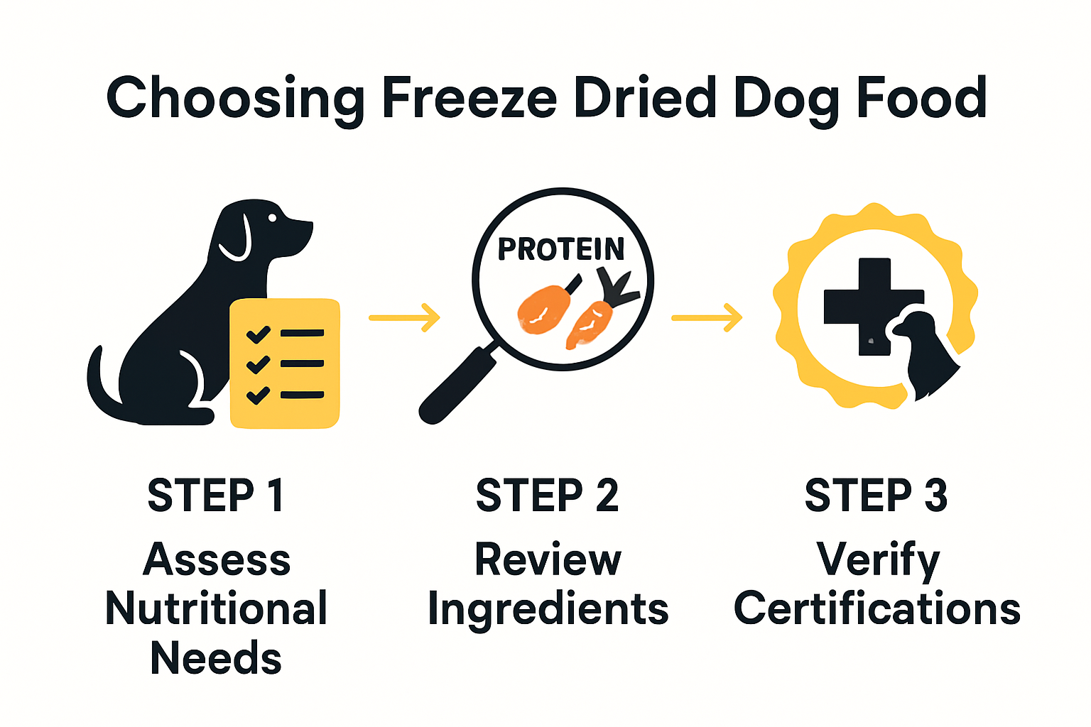 Infographic showing three key steps to choose freeze dried dog food: assessing needs, ingredient review, and certification verification.