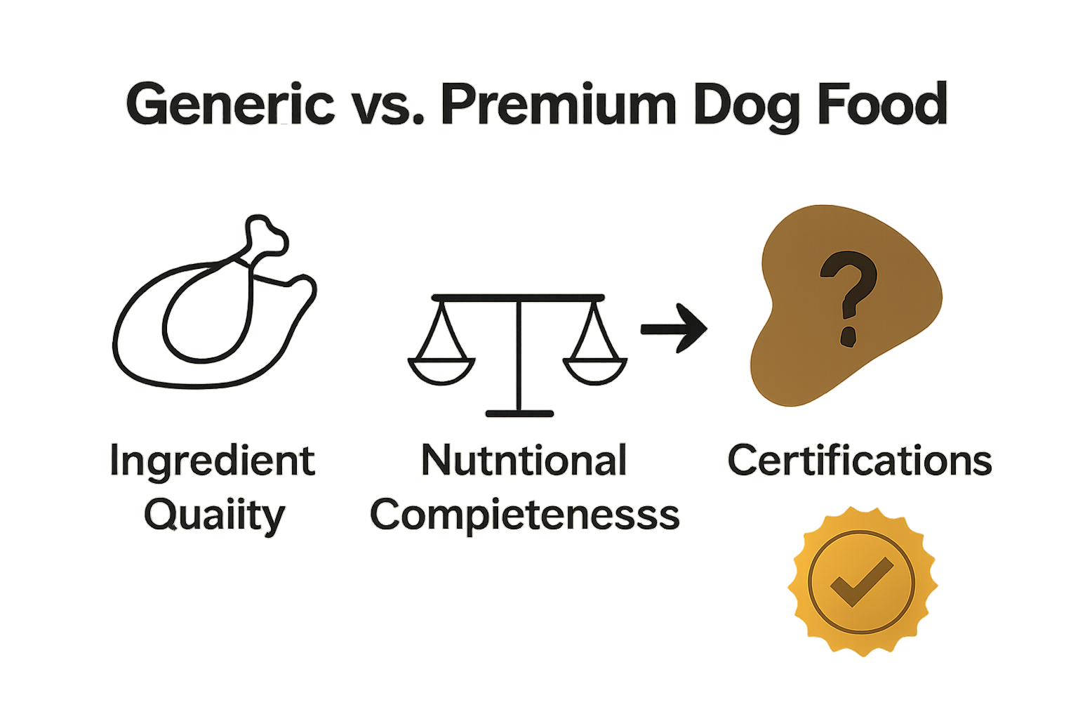 Infographic comparing generic and premium dog food by ingredients and certification.