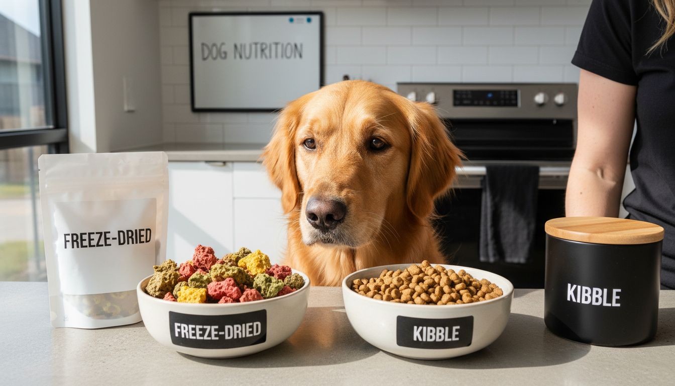 Dog examines freeze-dried food versus kibble