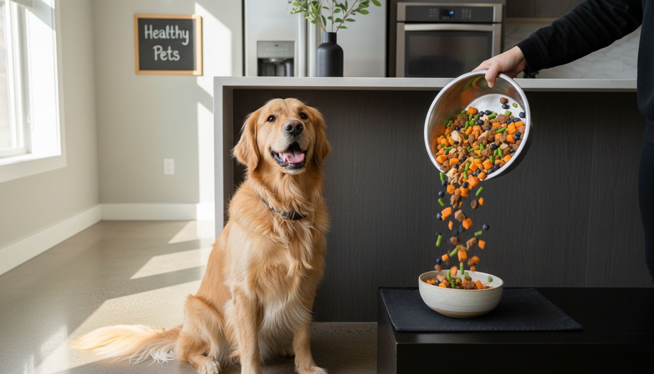 Golden retriever with bowl of human-grade dog food