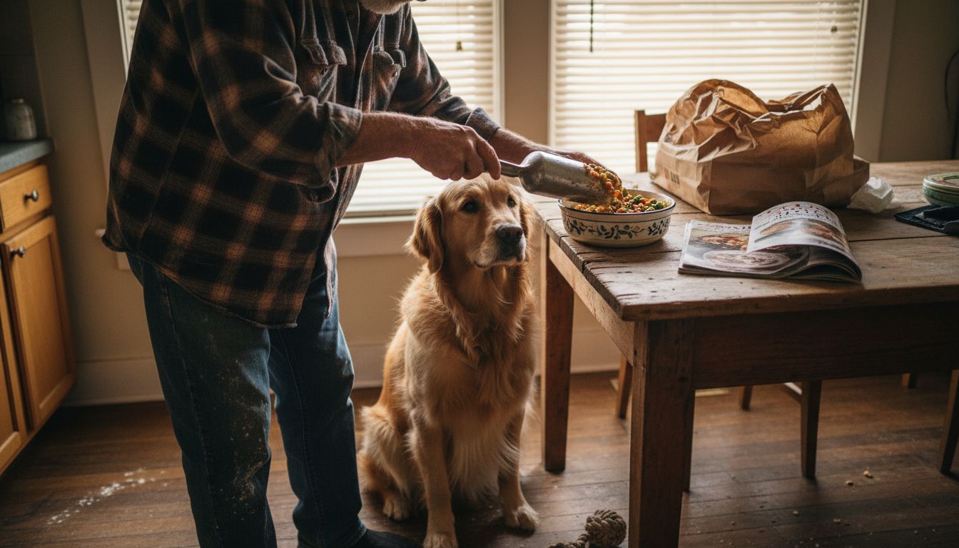 Dog and owner preparing healthy meal
