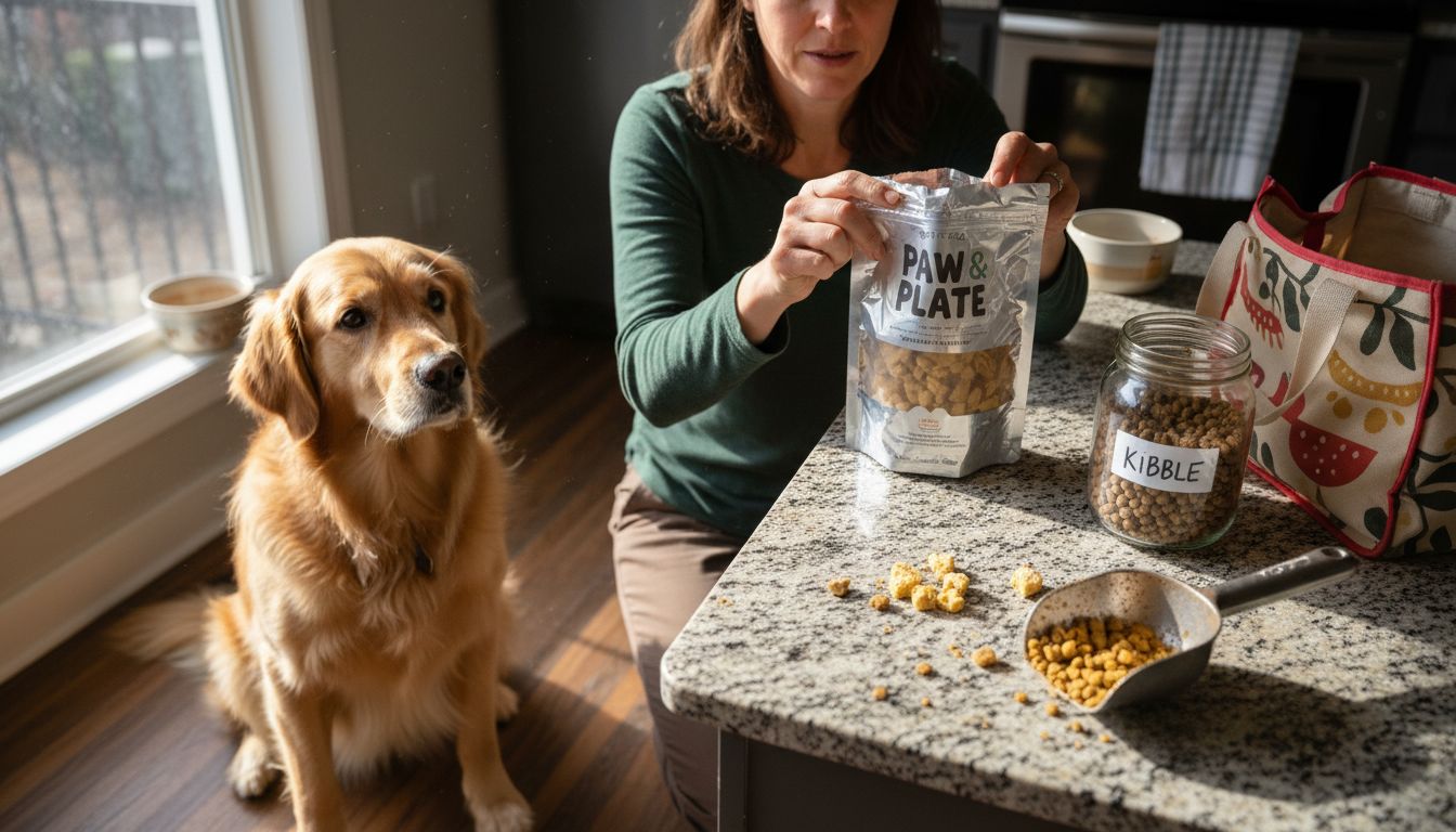 Dog watching owner compare freeze dried and kibble food