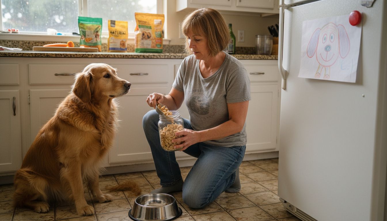 Dog owner serving natural dog food in kitchen