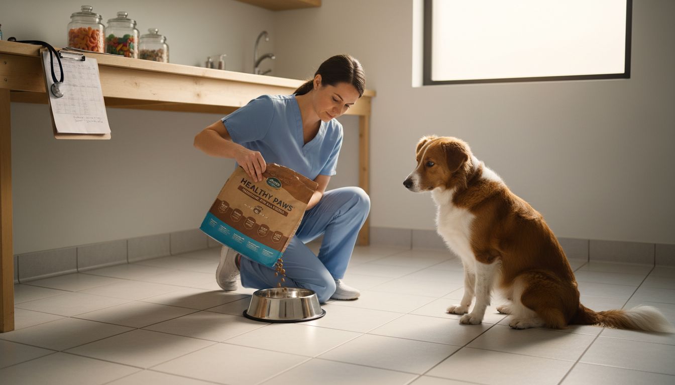 Veterinarian serving approved pet food to dog