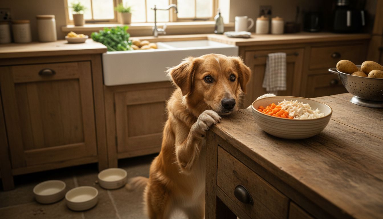 Dog eating fresh homemade meal in kitchen
