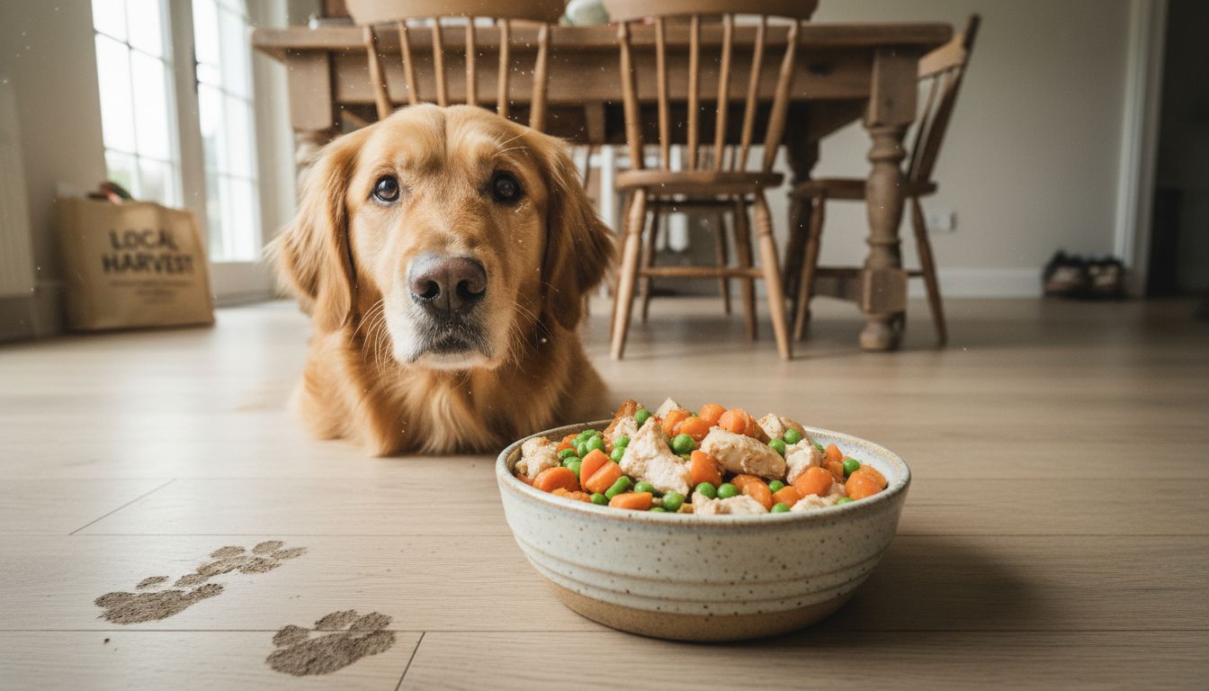 Golden retriever eating natural food in kitchen