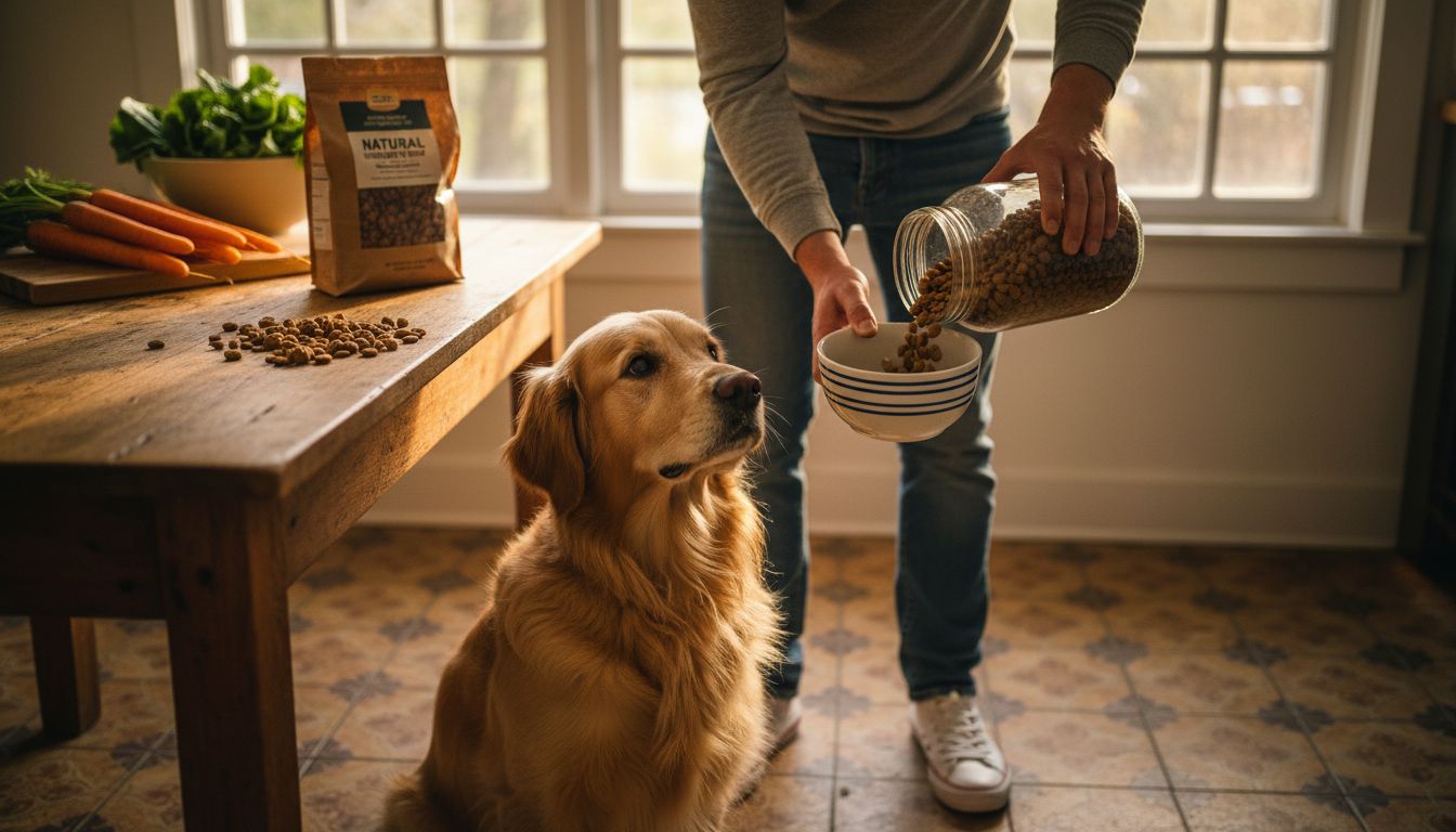 Dog waits for natural food at kitchen table