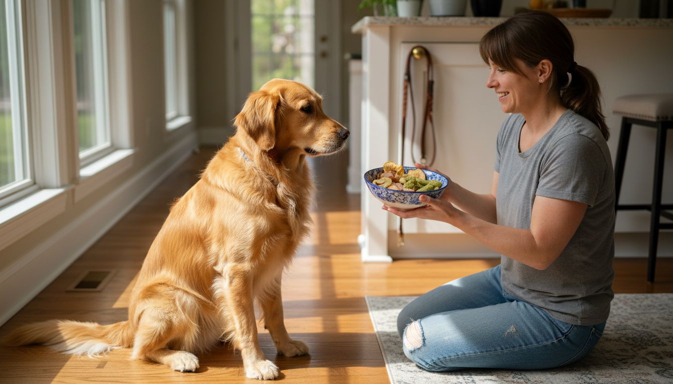 Golden retriever receives healthy treats in sunny kitchen
