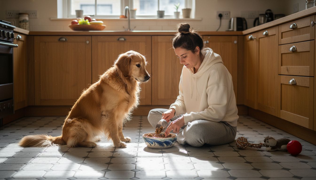 Dog and owner with freeze dried food in kitchen