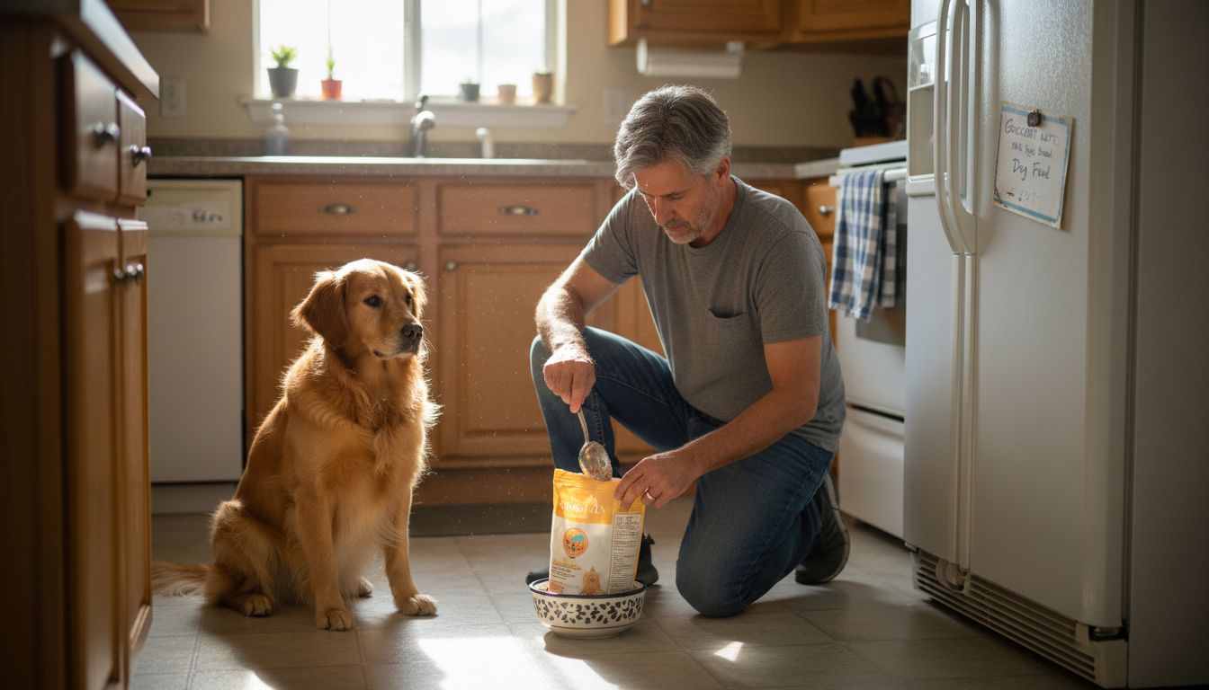 Dog owner preparing freeze-dried dog food bowl