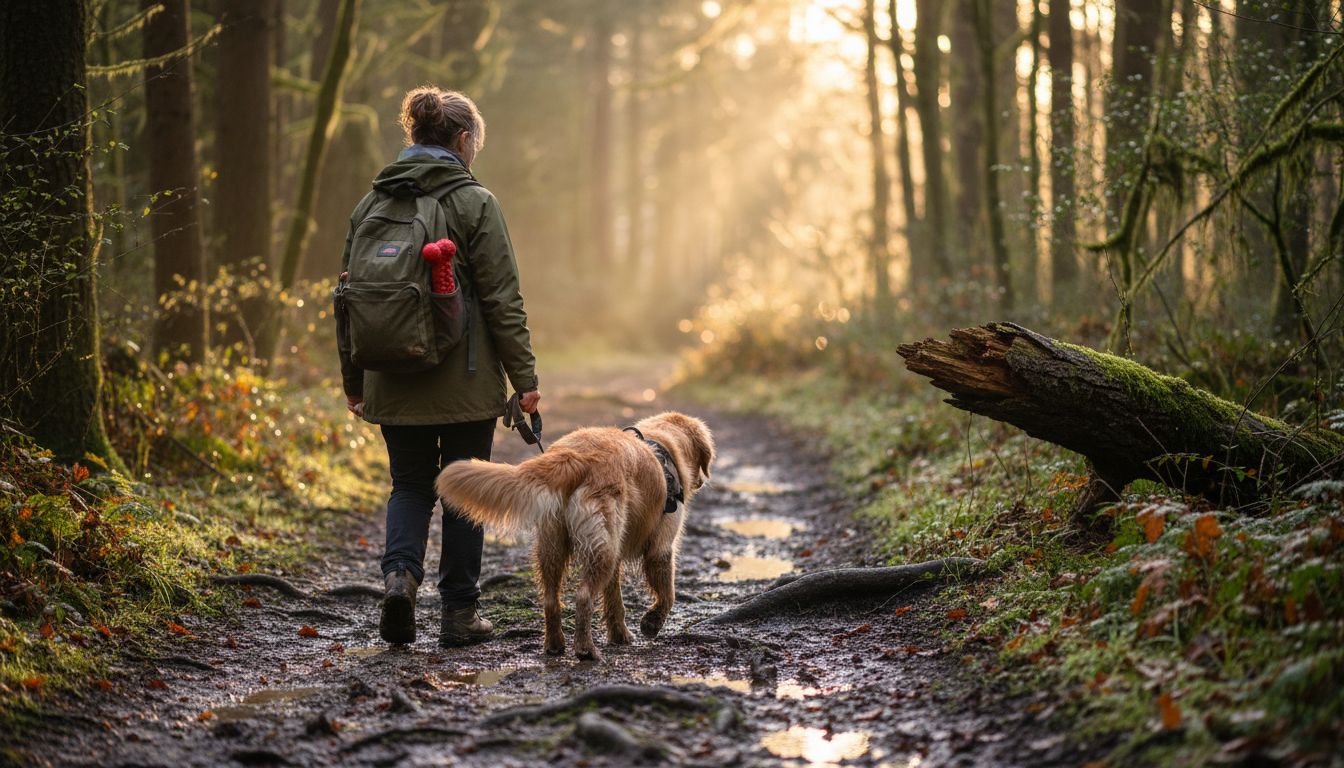 Dog and owner walking forest trail morning