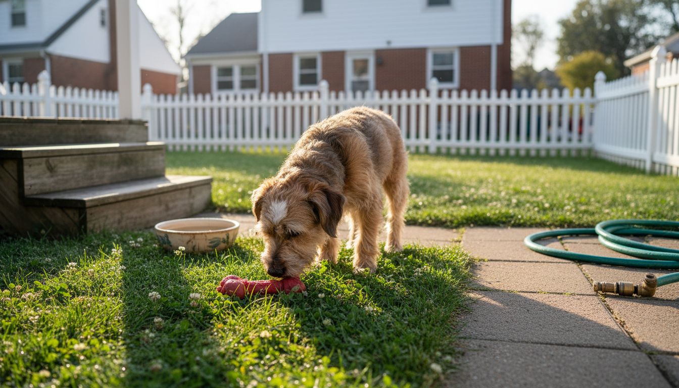 Dog sniffing grass in fenced yard